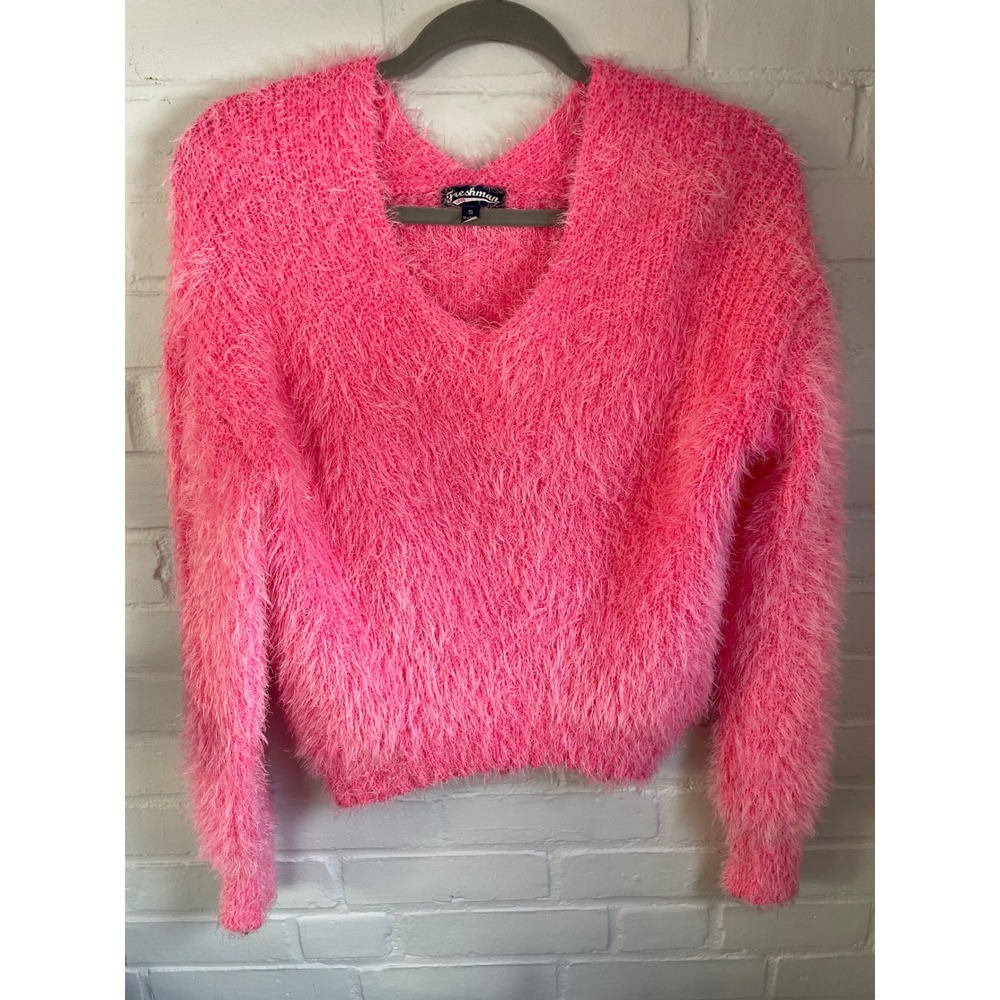 Freshman Fuzzy Knit Cropped Sweater Hot‎ Pink V Neck Long Sleeve Women Size S